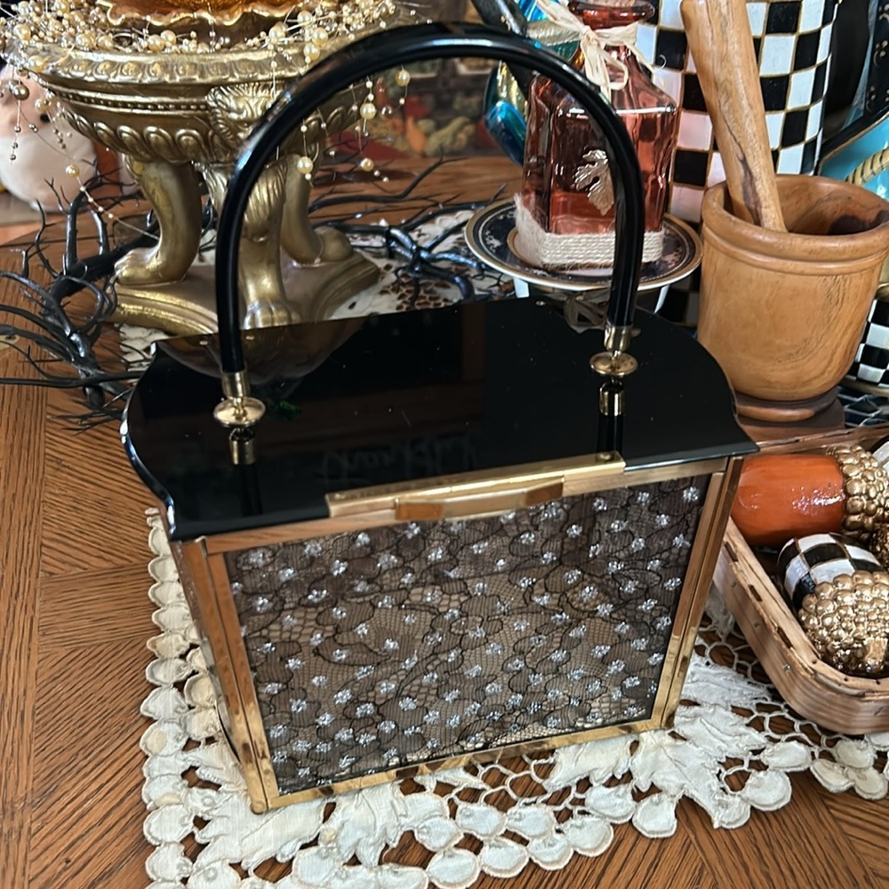Vintage MAJESTIC Lucite Purse With Black Floral Lace Panels